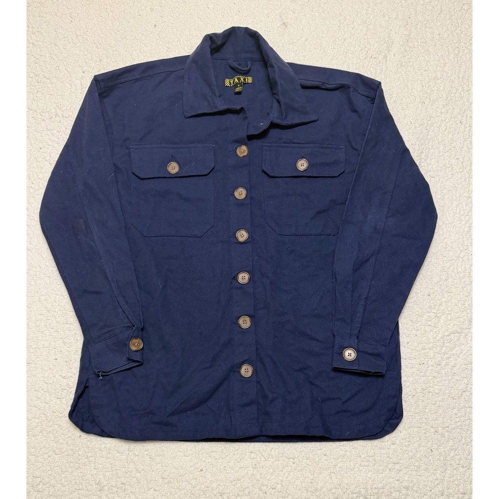 Taxi Mens Button Up Shirt Navy Blue 100% Cotton Twill Long Sleeve Pockets Size S